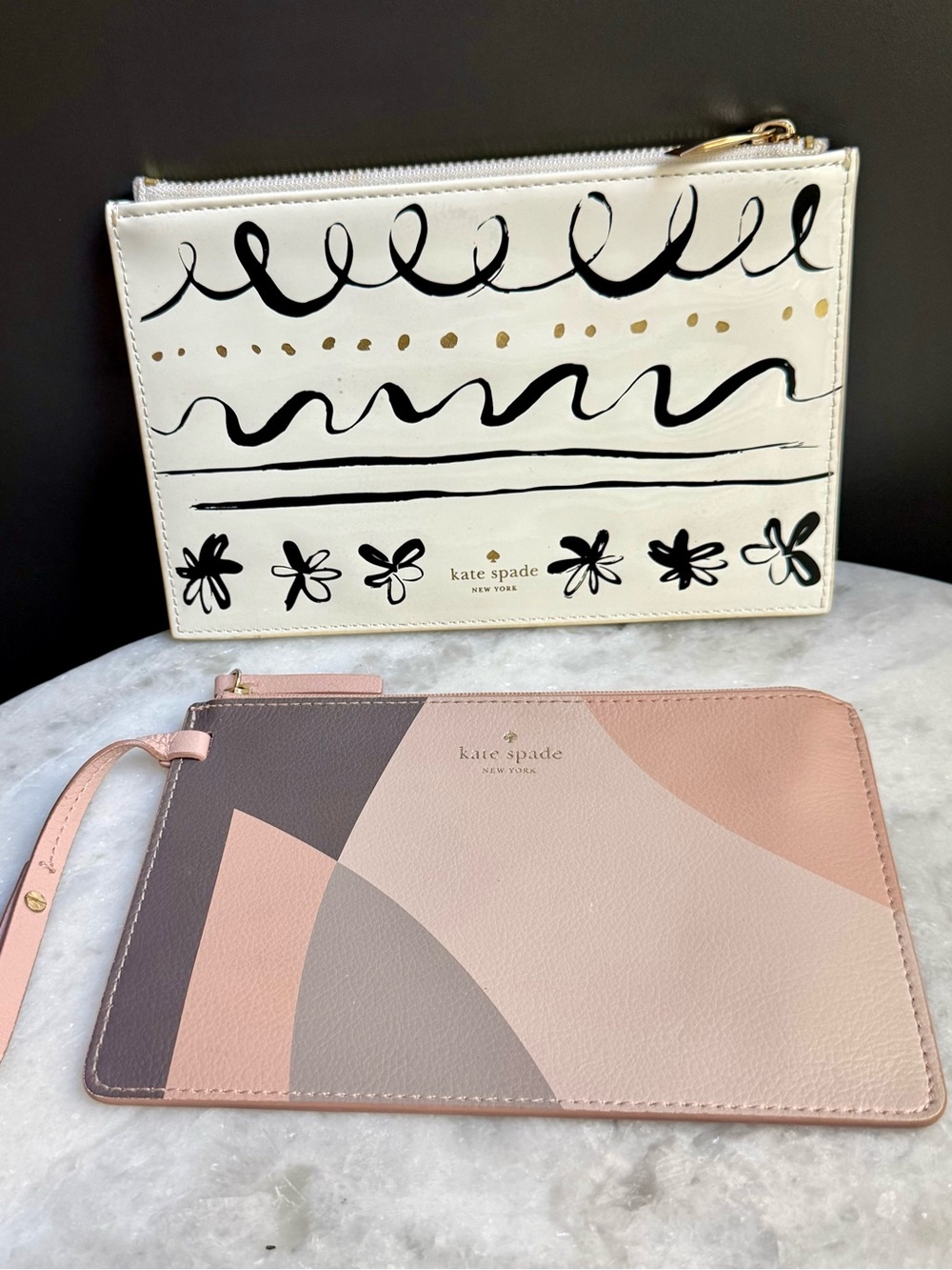 Kate Spade Zip Pouch Set of 2 - Geometric Leather Wristlet & Printed Clutch